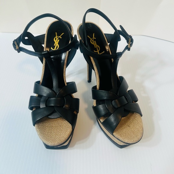 Saint Laurent Tribute Platform Sandals Black Leather Raffia EU 39.5 Authentic - Picture 4 of 14